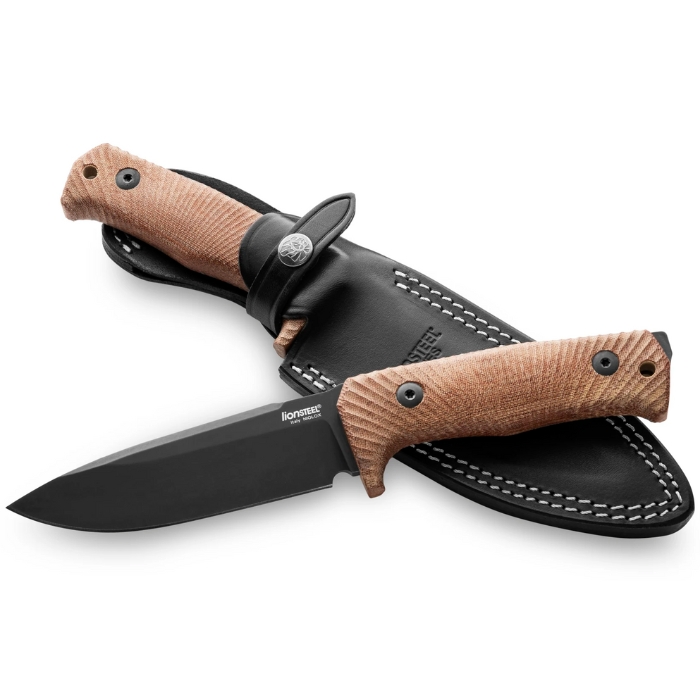 Lion Steel T5B Fixed Blade Knife, Niolox Black, Micarta Natural, Leather Sheath T5B CVN